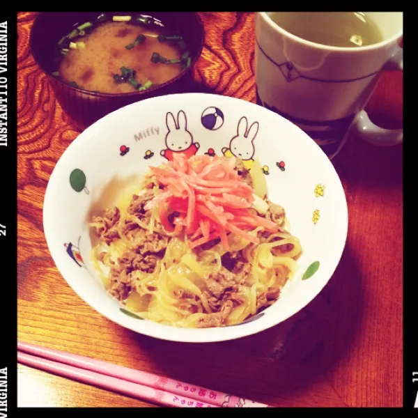 夜ごはん。お母さんの手作り牛丼、しじみの味噌汁、お茶。|月さん