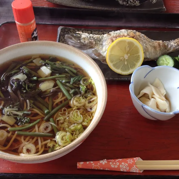 ニジマスの塩焼き、山菜そば/虹鱒の身がぎっしりでふわふわでおいしい♡|toccoさん