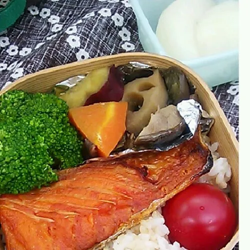 レンチンとトースターで逃げきった今日のランチは鮭弁当。野菜も気にして7種類。時間が惜しいから明日もきっと鮭弁。|sasakumanさん