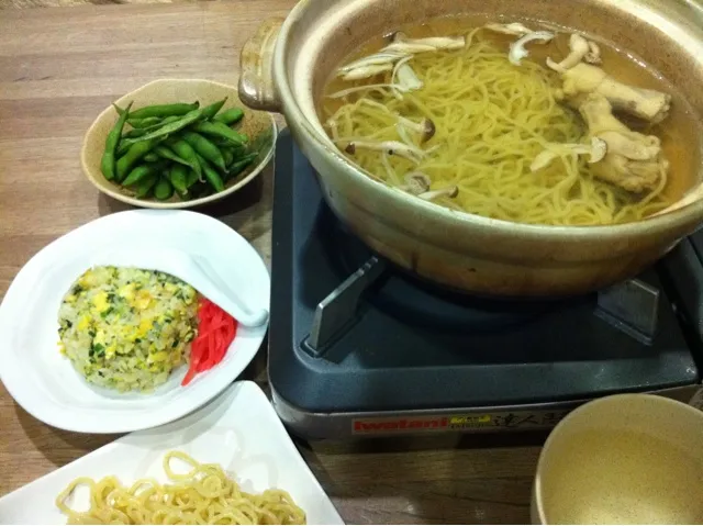 釜揚げ担々麺・ニラ卵チャーハン・枝豆|まーままさん