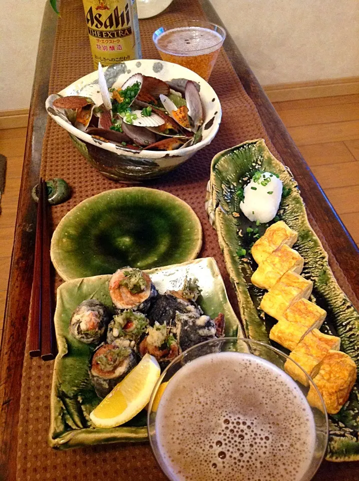 居酒屋メニュー  鰯の磯辺揚げ  出し巻き卵  ベビーホタテ貝の酒蒸し|izunさん