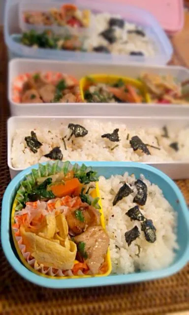 Snapdishの料理写真:今日のお弁当。マグロの醤油漬け炒め、ほうれん草とにんじん、豚肉のソテー、カニかまと卵コーンとトマトサラダ、海苔ごはん。|Mayumi Suzukiさん