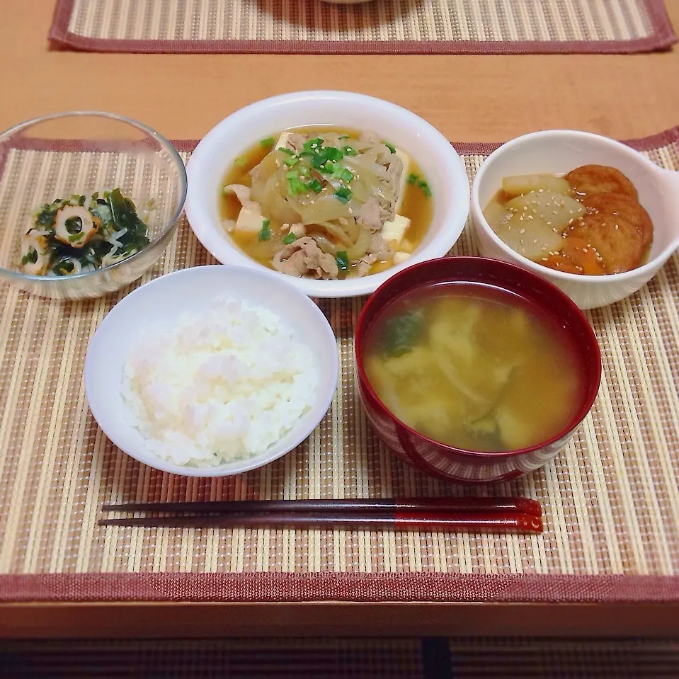 肉豆腐、さつま揚げの煮物、もやしとワカメのぽん酢和え|はるさん