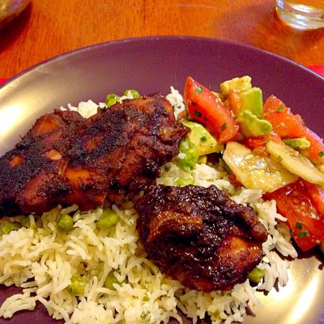 Jamaican Jerk ChickenCoconut Basmati Rice and peas with Avocadotomato