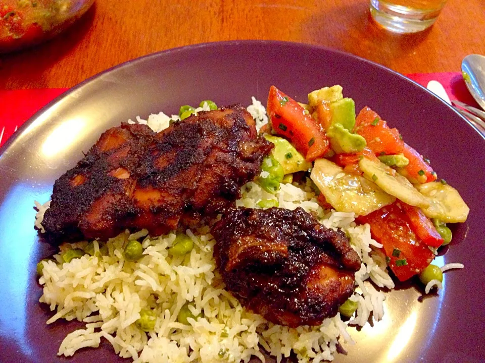 Jamaican Jerk Chicken, Coconut Basmati Rice and peas with Avocado, tomato and cucumber salad|Rachelle Elise Etienne Breidenbachさん