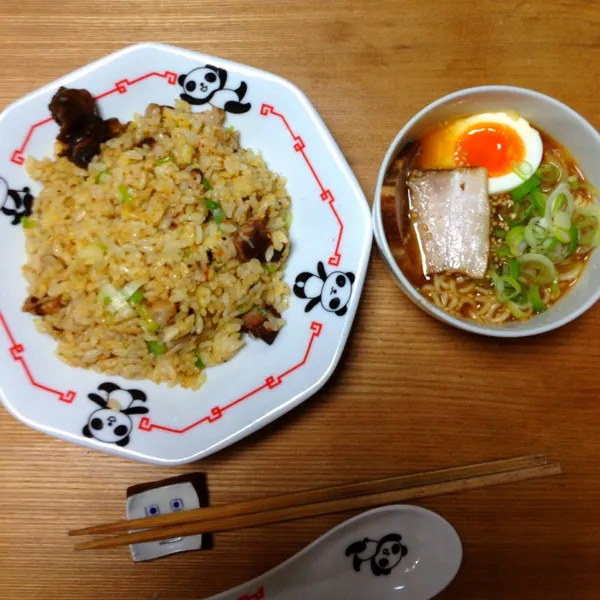 炒飯と、ミニラーメン。旦那さん作の焼豚入りw|MIDORIさん