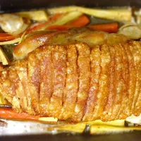 Snapdishの料理写真:Roast pork belly with carrots and parsnips|Cinnamon Toastさん