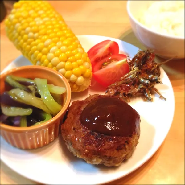 子供の夏休みのお野菜不足解消に切り干し大根入りハンバーグ♪( ´▽｀)あとはナスそうめん、トウモロコシ、トマト、いりこの佃煮でワンプレート。|meltさん