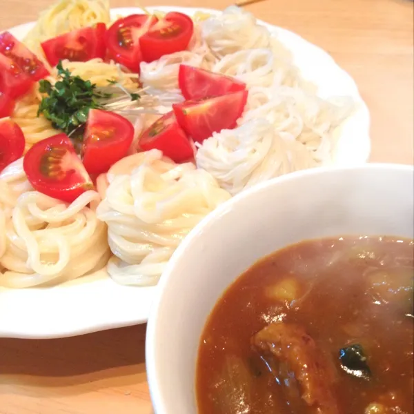 色々カレーつけ麺(*^_^*)パスタとおうどんと素麺。どれが美味しいかなーと実験(^^;;|meltさん