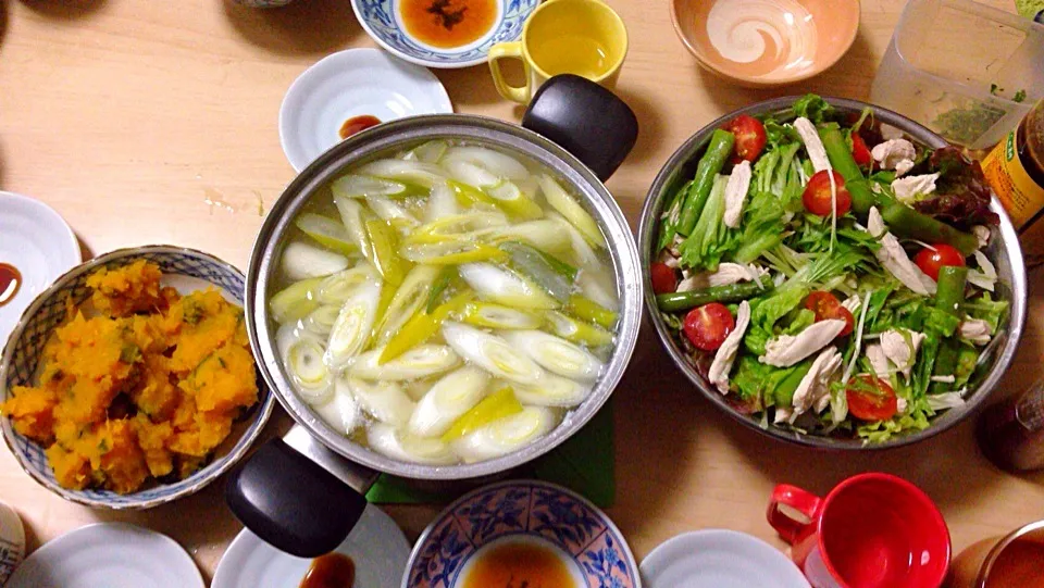 湯豆腐、かぼちゃの煮物、チキンサラダ|Mi.さん