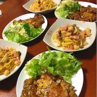 鶏肉のガーリックステーキ。
ほたて貝柱とベーコンとしめじのパスタ。|ゆのまきさん