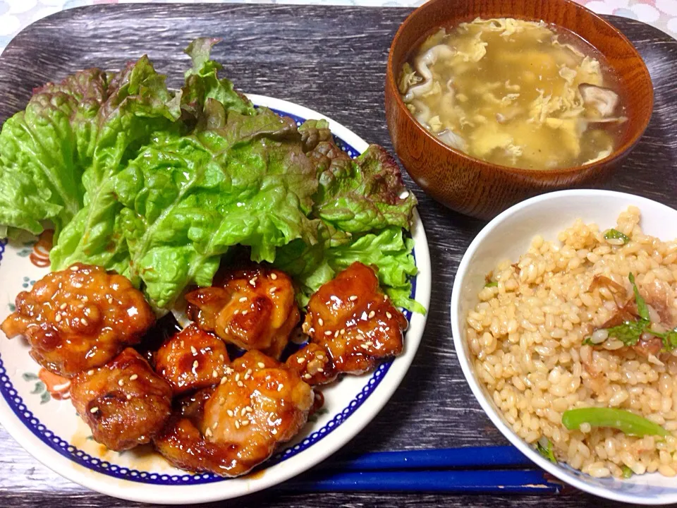 鶏もも肉の照焼き、しいたけの中華スープ、混ぜご飯|Yoshikuni Nodaさん