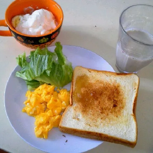 朝ご飯☆ﾐ
久しぶりにまともに作って食べた～ﾜﾗ
ハチミツ食パン
ｽｸﾗﾝﾌﾞﾙｴｯｸﾞ
バナナヨーグルト
麦芽コーヒー豆乳割り|はるかさん