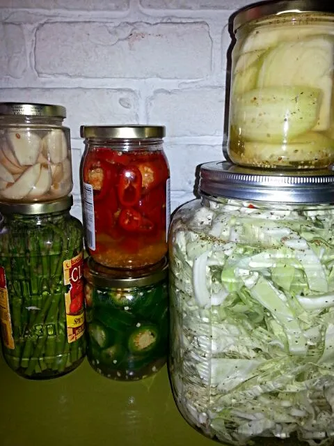 Snapdishの料理写真:cabbage,  onions, garlic, red and green jalapenos, and asparagus pickling.  and I'm not done! !|Polly Gelfusoさん