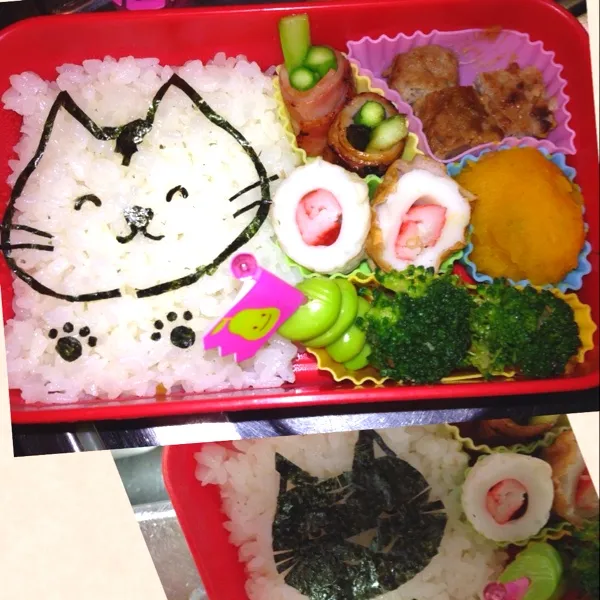 おはにゃん₍˄·͈༝·͈˄₎ฅ˒˒今日はウチのレンにゃんのお弁当！下の黒いの失敗作品😅2.3枚目はチョコくれた女の子へのお返事。4枚目はチョコもらって満足なかお（笑）|calmamanさん