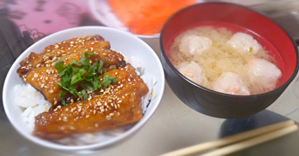 秋刀魚の蒲焼き，つみれのお味噌汁|のぞみさん