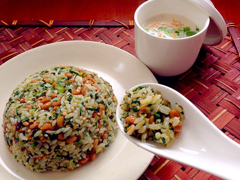 Jade (Spinach) Natto Fried Rice&Soy milk soup🍳翡翠納豆炒飯&豆乳ｽｰﾌﾟ|🌈Ami🍻さん