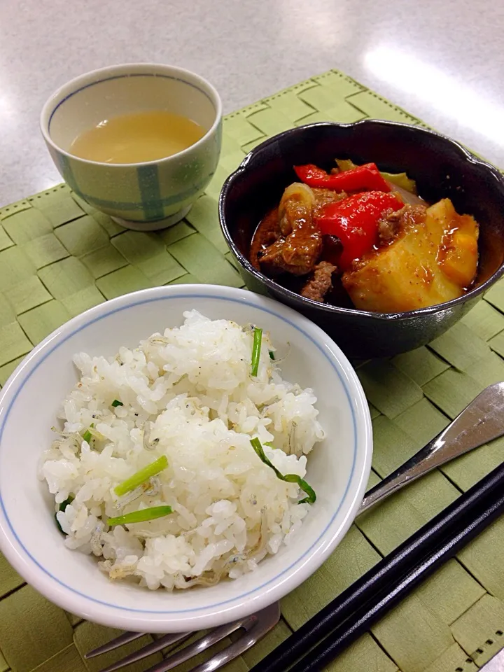 新ジャガの韓国風味噌煮  ジャコと万ネギナムルの混ぜ御飯|まつださんさん