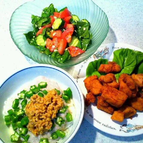 唐揚げ、オクラ・長芋・納豆のせ素麺、バジルサラダ。
息子のリクエストで今回は市販の唐揚げ粉を使いました( ･´ω･｀)|rokochixxx666さん