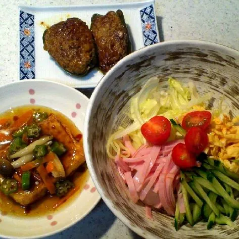 Snapdishの料理写真:冷麺、シメジとオクラのあんかけ厚揚げ、昨日の残りの肉詰めピーマン。手抜きw|rokochixxx666さん