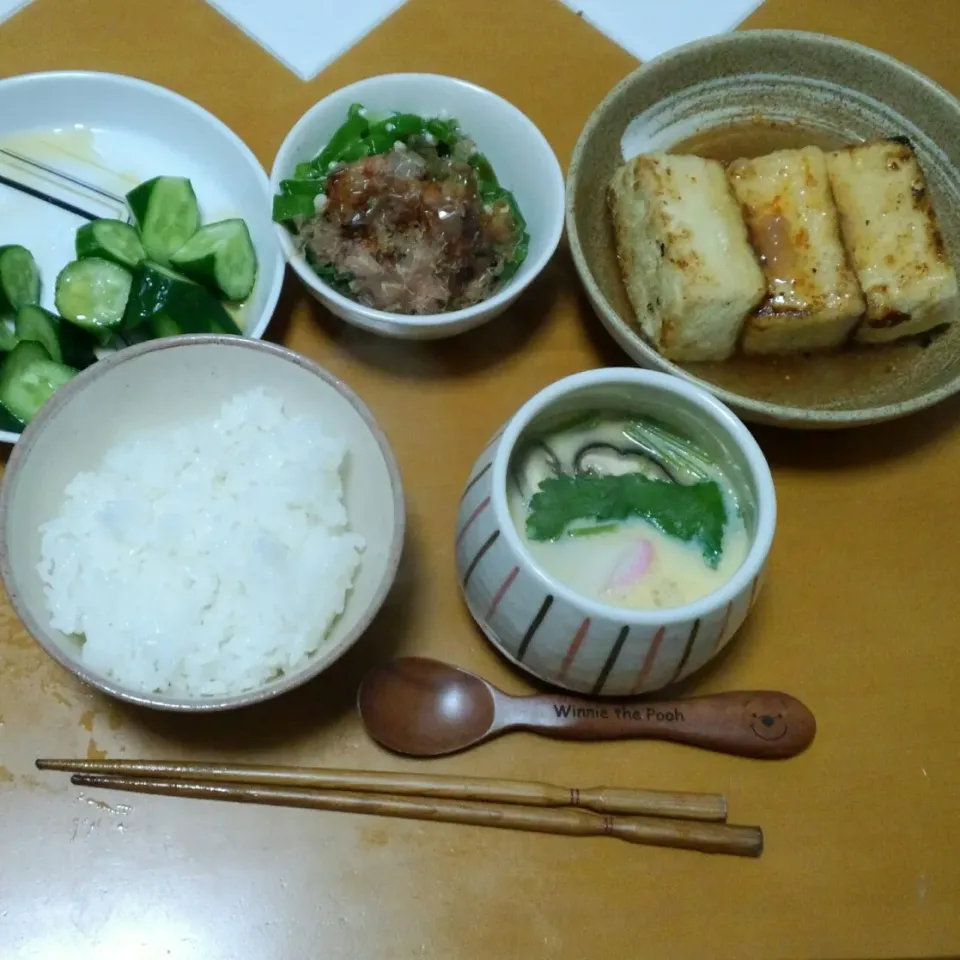 きゅうり、揚げ出し豆腐、おくら、茶碗蒸しヾ(o´∀｀o)ﾉ|まこっちさん