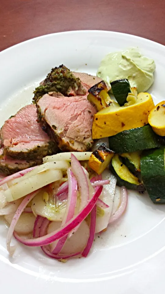 Chimichurri Pork Tenderloin w/ Grilled Summer Squash and Pickled Cucumber Salad|Travis Dufreneさん