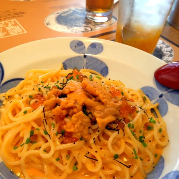 うにといくらの生パスタ＆アイス柚子茶|けこさん