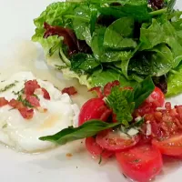 Bacon and Poached Egg with Tomato and Mixed Greens in Herbed Dijon Vinaigrette|Dustin Stairさん