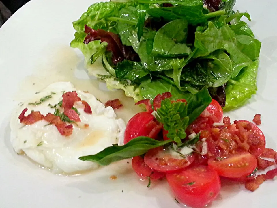 Bacon and Poached Egg with Tomato and Mixed Greens in Herbed Dijon Vinaigrette|Dustin Stairさん