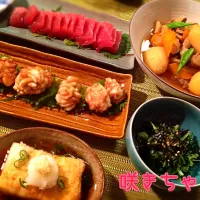 Snapdishの料理写真:本日の晩酌〜真だちバタポン炒め、肉じゃが、揚げ出し豆腐、マグロ刺身、水菜の塩昆布和え