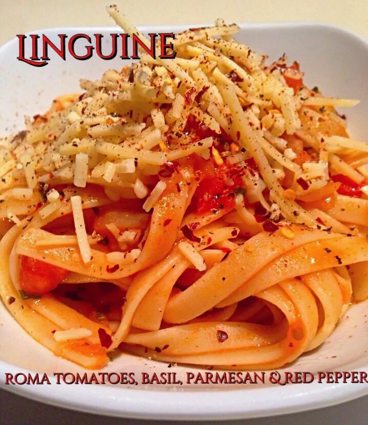 Linguini with fresh Roma tomatoes and basil with Parmesan and crushed red pepper|bertocci infernoさん