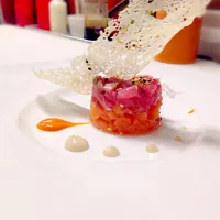 Salmon & Tuna Tartare with roasted pepper  coulis wasabi cream and croutons|arnold tecioさん