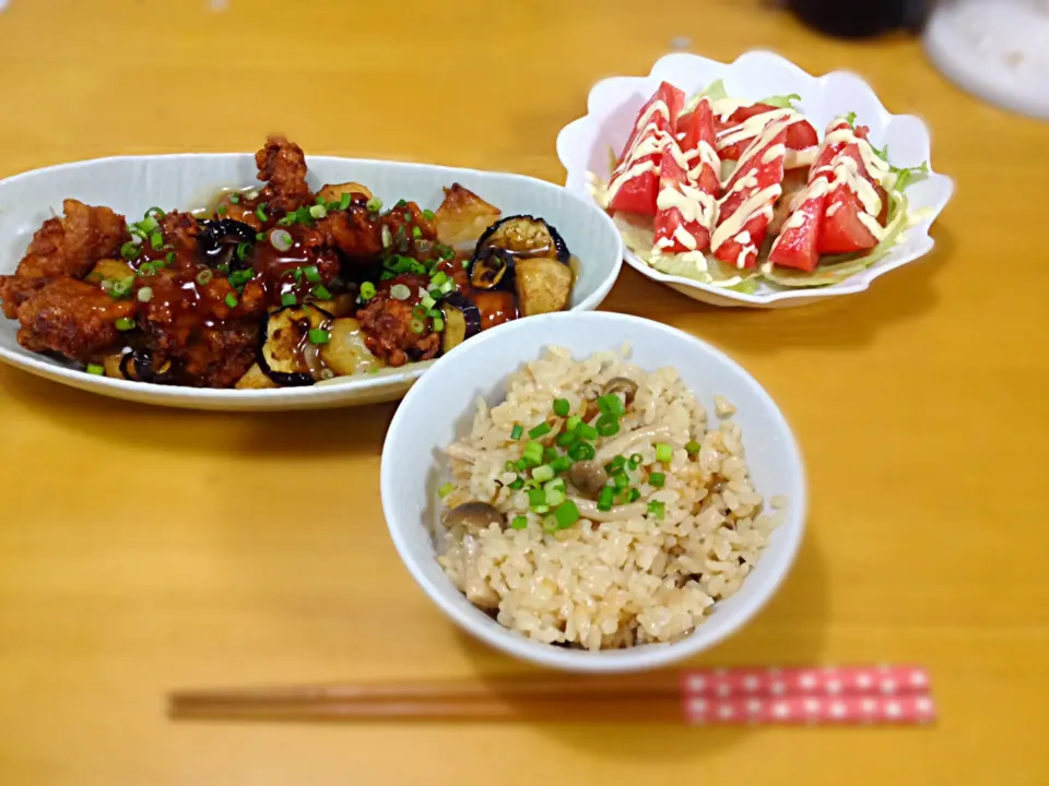 きのこご飯と唐揚げの甘酢あんかけ|さなさん