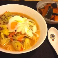 Snapdishの料理写真:Miso ramen (with sautéed minced meat, cabbage,carrot, shimeji), pumpkin cooked with sweet soy sauce|tomomy_saitoさん