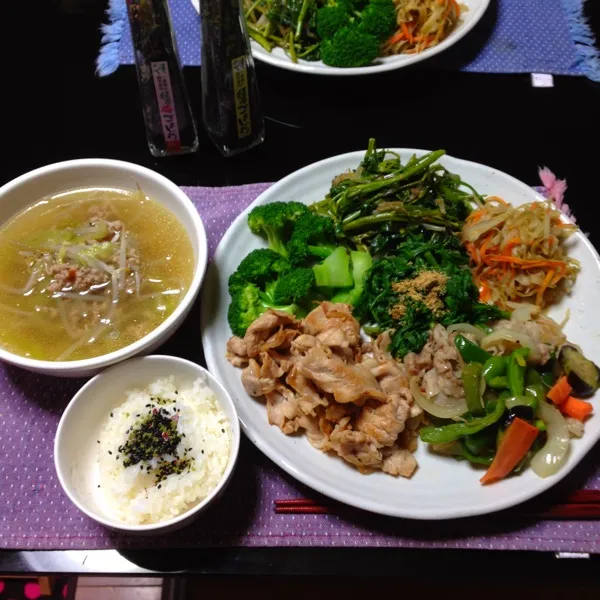 ヘチマー麺のスープ、豚ロースのニンニク焼き、豚バラの野菜炒め、空芯菜の炒め物、きんぴらごぼう、春菊のお浸し、ブロッコリー。頂き物の緑茶梅ごま塩、辛い！|hatuki_sさん