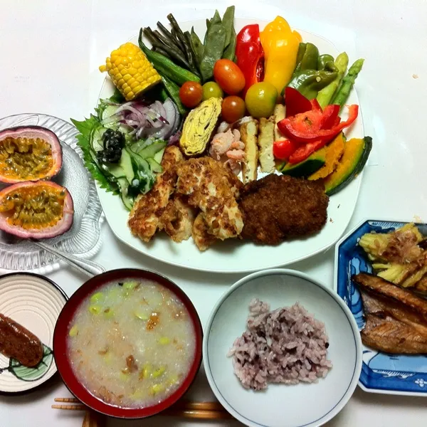 Snapdishの料理写真:鶏のコーンフレーク焼きととヒレカツと卵焼きとエビの塩麹焼きとカマスの干物。柚餅子＆時計草付き。初めて作ったカマスの干物、焦げておりましたヽ(；▽；)ノでも、美味かった。|hatuki_sさん