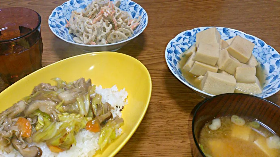 ・春キャベツとキノコの中華丼
・高野豆腐の炊いたん
・蓮根サラダ ・豆腐の味噌汁|ようかんさん