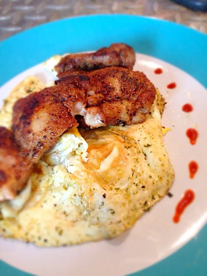 Snapdishの料理写真:Chicken thighs with sunny side up eggs|Connor J. Mabonさん