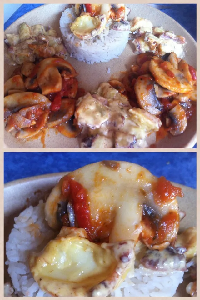 Tentacules d'Encornets Sauce Safran, Riz Basmati et Champignon de Paris à la Tomate aux Basilics et #Armagnac Squid tentacles Sauce Saffron, Basmati Rice and Mu|PHILIPPEさん