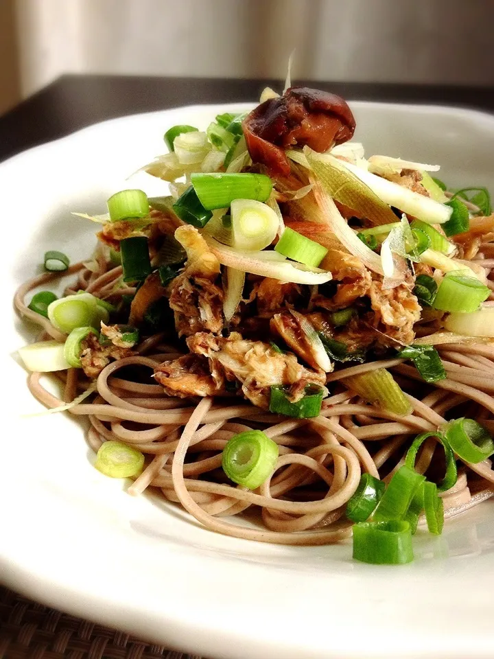 鰯の梅煮をほぐして、茗荷とわけぎと和えて冷たいお蕎麦にアレンジ。|imi243さん