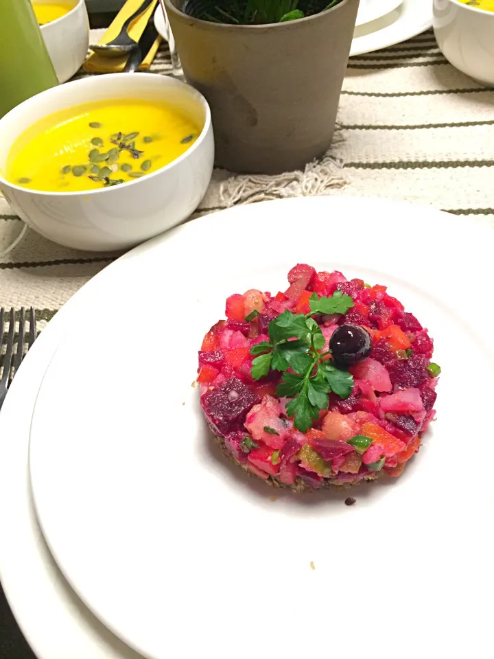 Salad "Vinaigrette" with pickled mushrooms and Pumpkin soup|aястасияさん