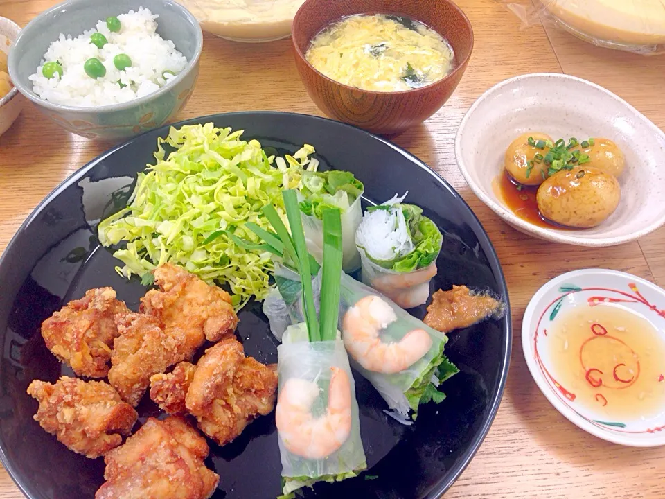 唐揚げ、生春巻き、豆ご飯、かき玉汁|ars-anuenueさん