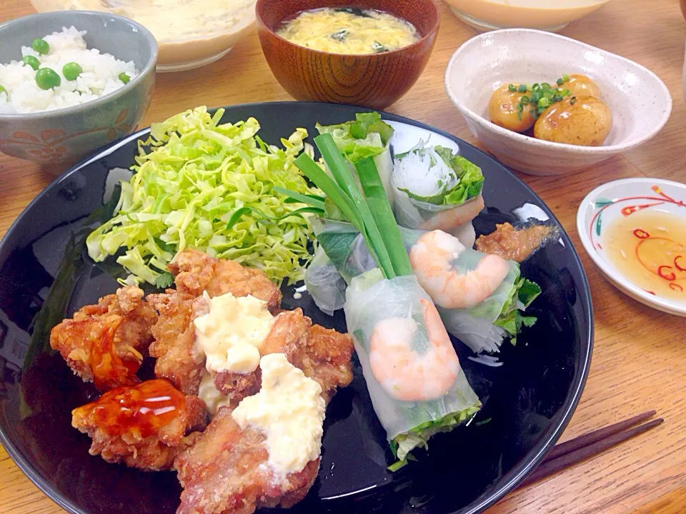 唐揚げ、生春巻き、豆ご飯、かき玉汁|ars-anuenueさん