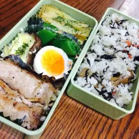 Snapdishの料理写真:お弁当♡ひじきの混ぜご飯♡もやしの豚肉巻き♡ゆで卵♡椎茸のピザ風♡ジャガイモの粉チーズ炒め♡|kumamiriさん