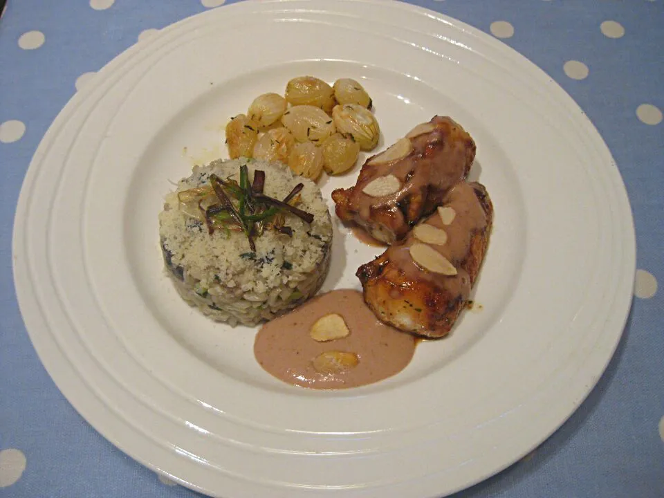 oyster mushroom risotto and caramelized monk fish tail with fige coulis|Rebecaさん