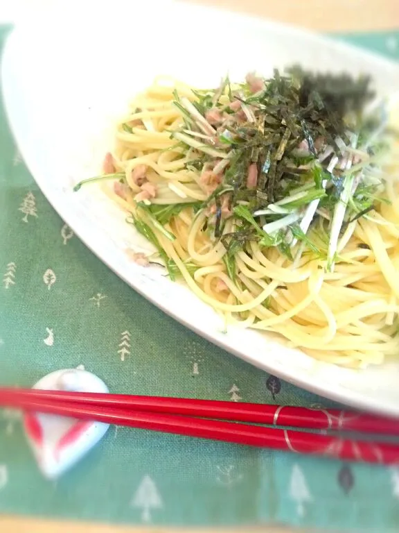 水菜とツナのパスタ梅風味|あさみさんさん