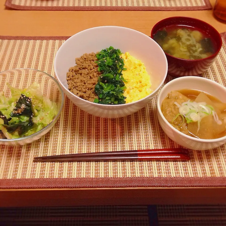 三色丼、大根と油揚げの煮物、レタスサラダ|はるさん