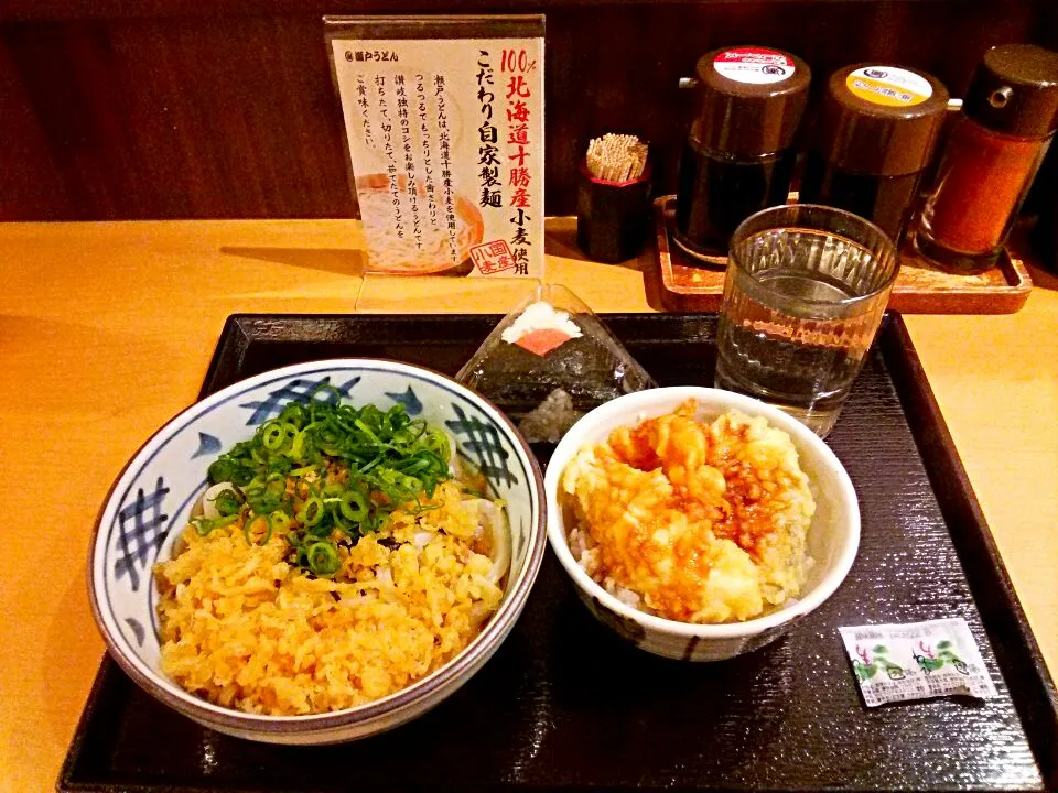 Snapdishの料理写真:瀬戸うどんの、うどん&ミニ天丼のセット500円。
レジ前に置いてあった、明太子おにぎり120円も追加してしまいました。
タヌキとネギは入れ放題ですので、たくさん入れましょう。
北海道十勝産小麦のうどんは良いのですが、国産素材を使って毎日店内で仕込む出汁が少ないのが、ちょいと物足りなさを感じちゃいましたよ。
( ・∇・)|東京ライオンズさん