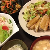 Snapdishの料理写真:手羽中塩焼きと野菜炒め
ほうれん草と人参とカリカリお揚げのナムル
オクラとろろ
サラダ
お豆腐としめじのお味噌汁|mayumayuさん