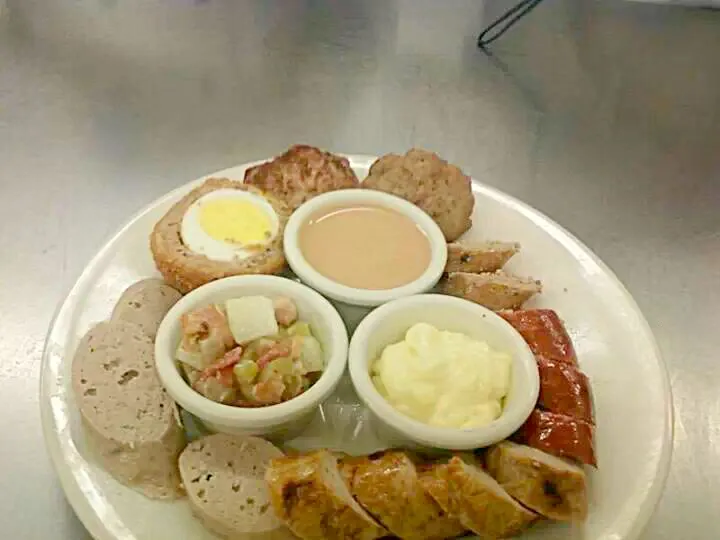 Sausages, Scotch Eggs,  Housemade Dijon Mustard,  German Potato Salad,  Housemade Mayonnaise|Erin Bizzieさん